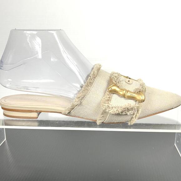 Schutz size 6.5 B Beige Frayed Mules Gold‎ tan canvas Buckle Womens - Picture 3 of 13
